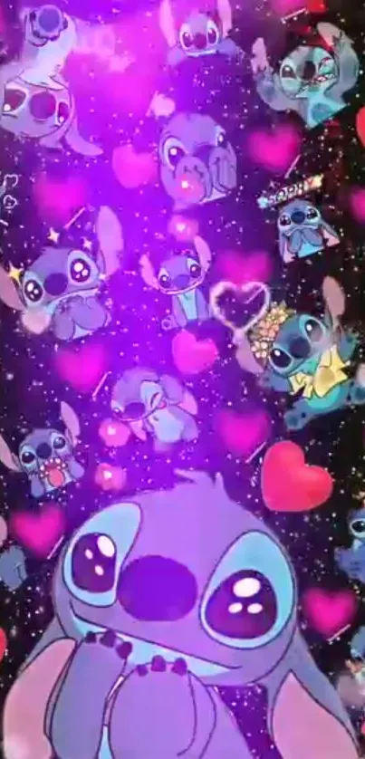 Cute Stitch characters with hearts on a galaxy background.