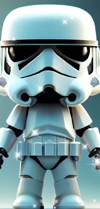 Cute toy Stormtrooper figurine with a sci-fi theme on a teal background.