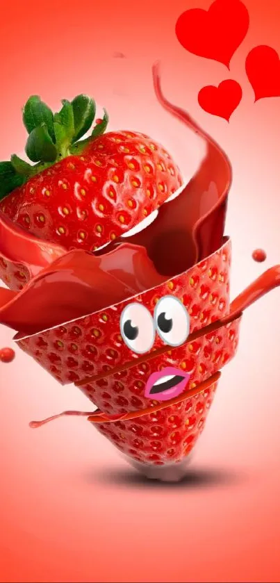 Animated strawberry character with hearts on a red background.