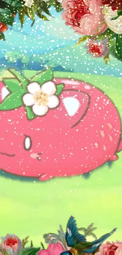 Adorable pink strawberry-themed anime cat with a flower crown against a leafy background.