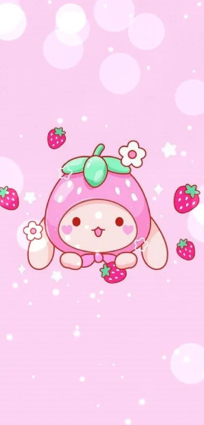 Adorable pink strawberry character wallpaper with cute design.