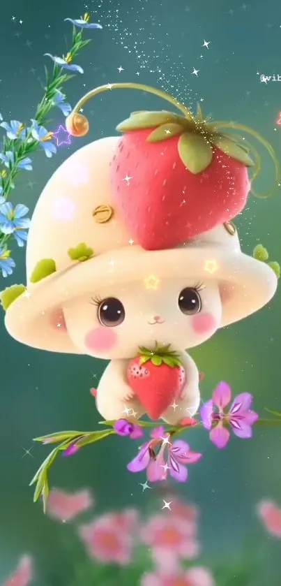 Cute character with strawberry hat and floral background.