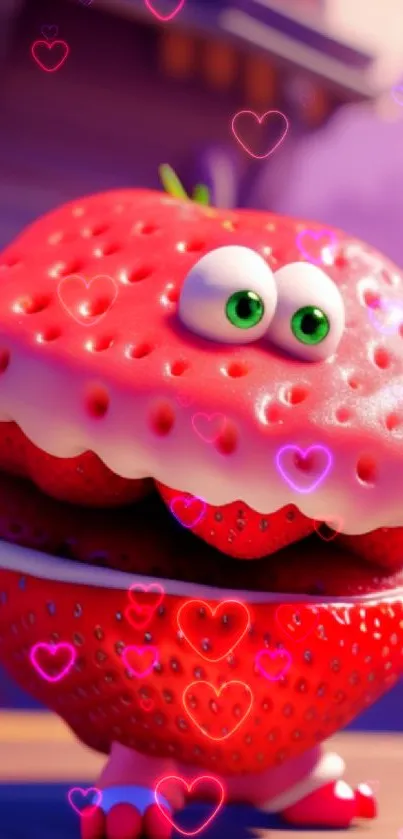 Cute cartoon strawberry monster with big green eyes on a vibrant red background.