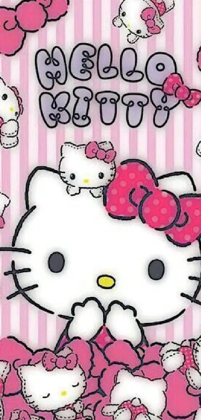 Cute pink striped wallpaper with a cartoon cat character.