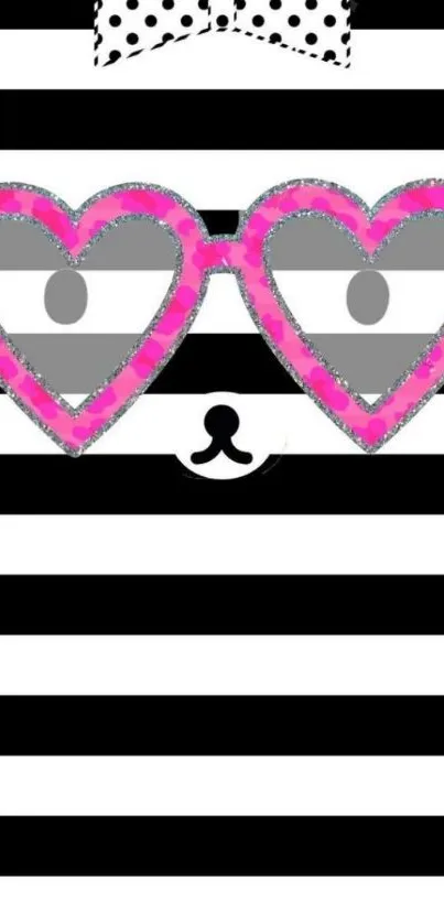 Cute striped wallpaper with pink heart glasses and panda face.