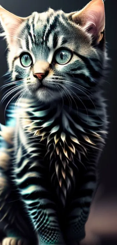 Cute striped kitten with green eyes in artistic wallpaper.