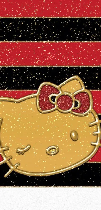 Cute Hello Kitty wallpaper with red and black stripes and a golden kitty design.