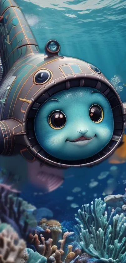 Cute animated submarine in vibrant ocean scenery.