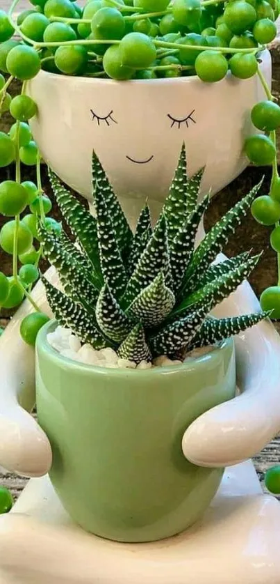 Playful succulent planter with greenery cascading in a charming design.