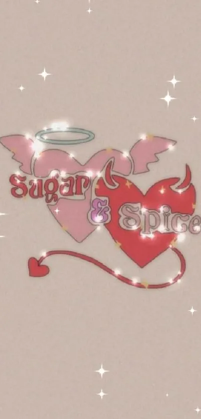 Cute sugar and spice theme with angel and devil hearts on a pastel background.