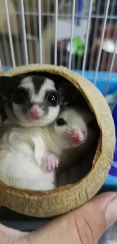 Two sugar gliders resting inside a coconut shell.