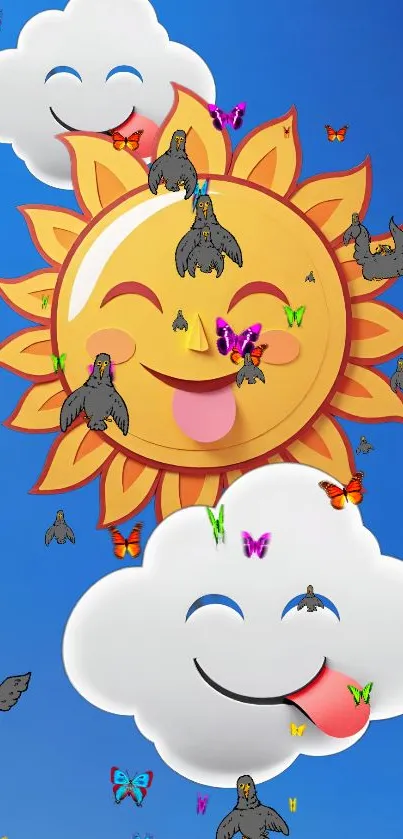 Cheerful cartoon wallpaper with sun and clouds.