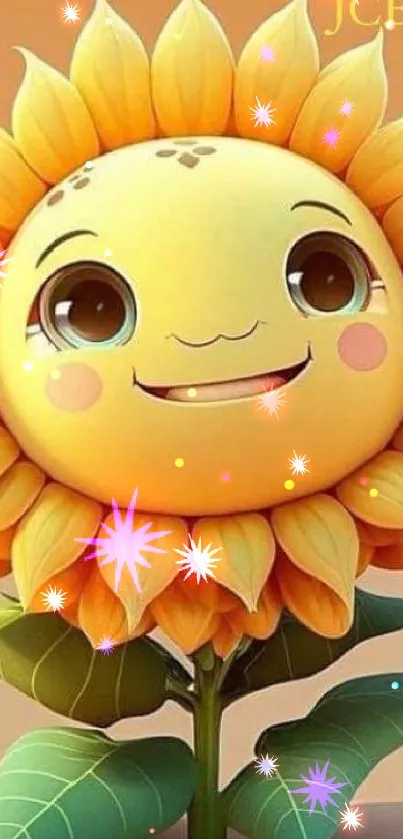 Smiling cartoon sunflower on a bright orange background.