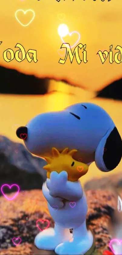 Snoopy hugs a friend at sunrise with hearts floating around.