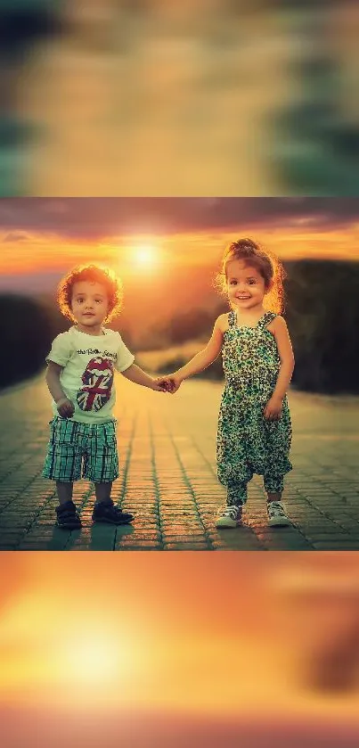 Two children hold hands under a beautiful sunset.