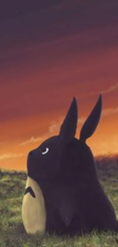 Cartoon creature gazing at sunset sky in grassy field.