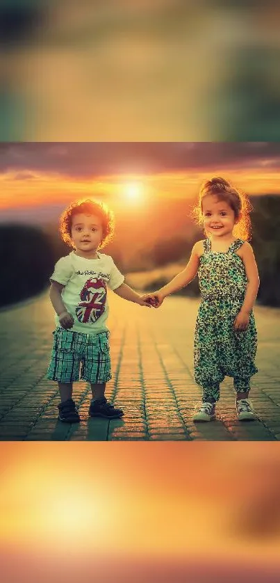 Two children holding hands at sunset with warm colors.