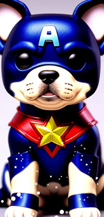 Cartoon dog in a superhero costume with blue and red colors, sitting pose.