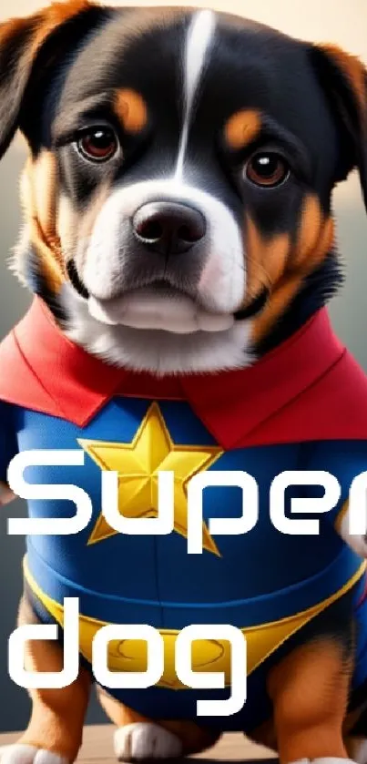 Adorable dog in superhero costume with red cape and star emblem.