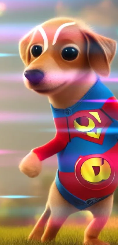 Cute dog in superhero costume on grass.