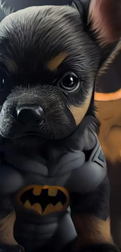 Cartoon puppy dressed as a superhero with a dark background.