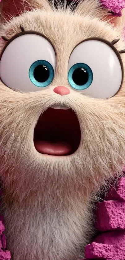 Surprised cartoon cat with big blue eyes and pink background.