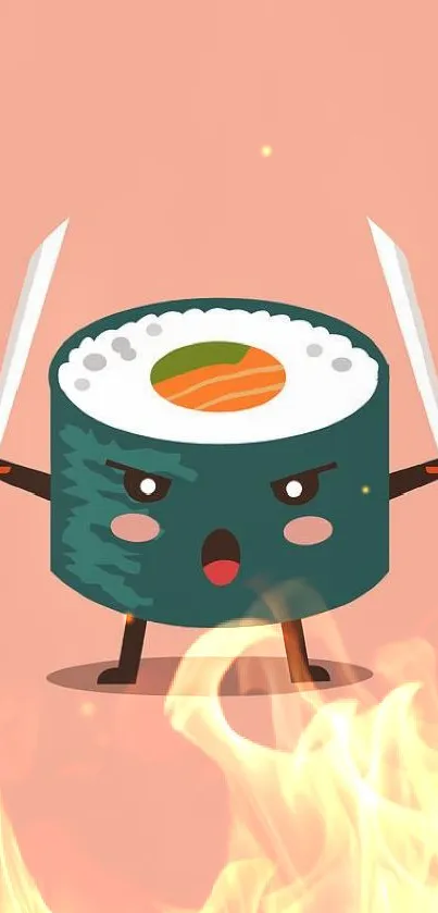 Adorable cartoon sushi samurai on a peach background, perfect for mobile wallpaper.