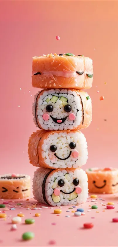 Adorable sushi rolls with smiles on a pink background.