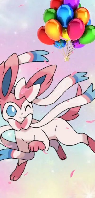 Sylveon with colorful balloons on a pastel background.