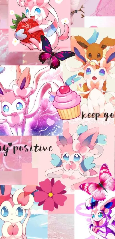 Colorful Sylveon collage with pink tones, butterflies, and motivational quotes.