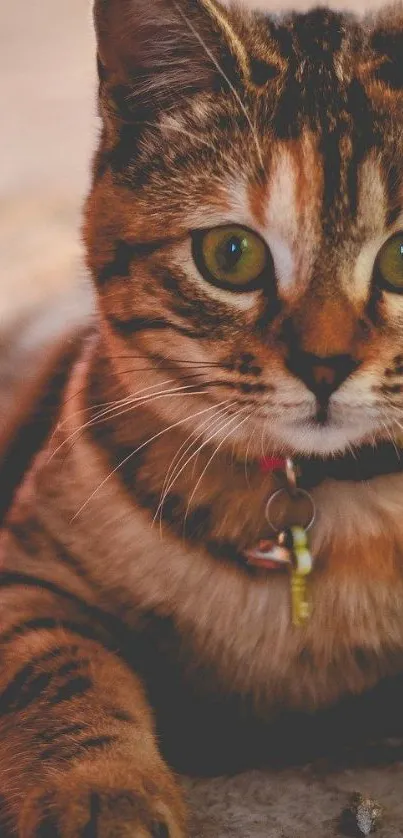 Close-up of a cute tabby cat with vibrant eyes on its mobile wallpaper.