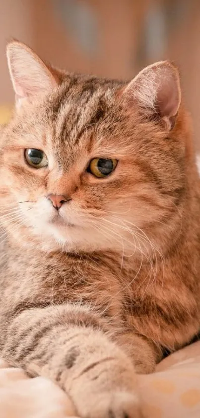 Adorable tabby cat resting on bed, perfect for cozy wallpaper.