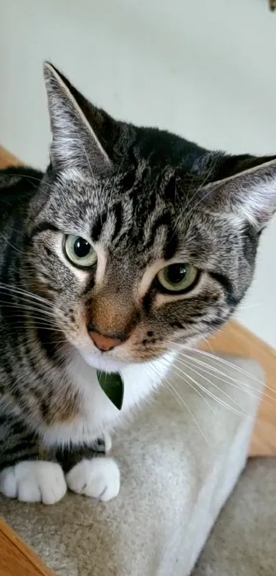 Close-up of a tabby cat with striking green eyes.