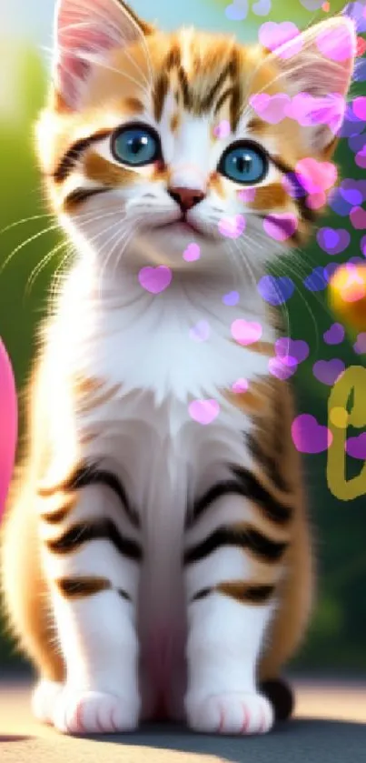 Cute tabby kitten in a garden with flowers and a heart-shaped balloon.