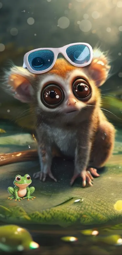 Cute tarsier with sunglasses on a leaf in a dreamy forest scene.
