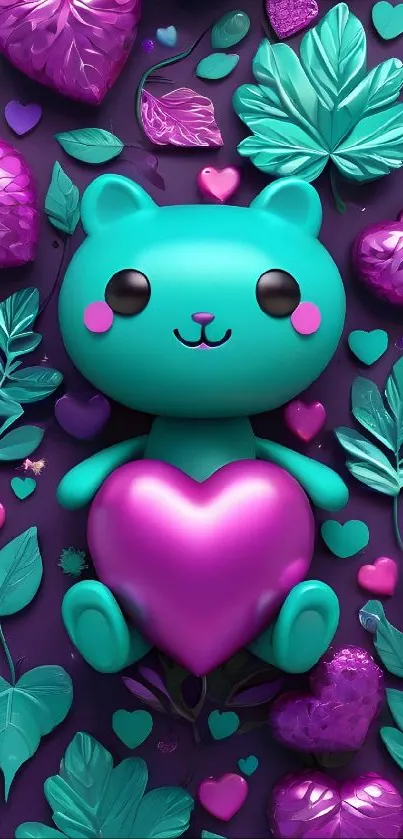 Teal cartoon bear holding a purple heart with leaves and hearts background.