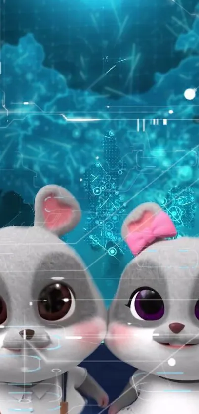 Two cute rabbits with a tech blue background in a digital wallpaper.