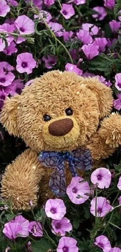 Teddy bear among vibrant purple flowers, ideal for mobile wallpaper.