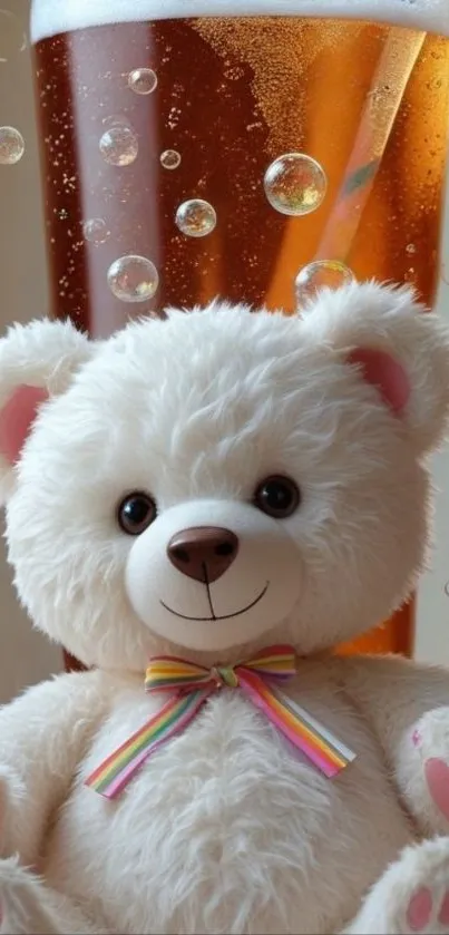 Cute teddy bear with bubbles and a drink in the background.