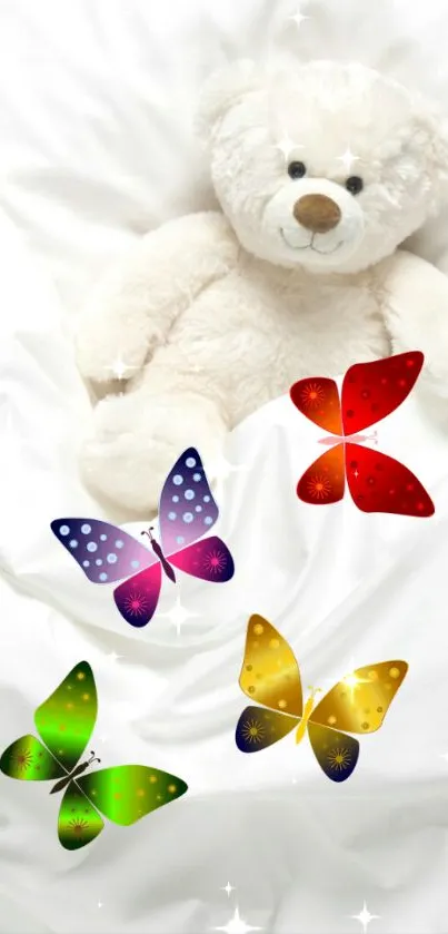 Cute teddy bear with colorful butterflies on a white background.