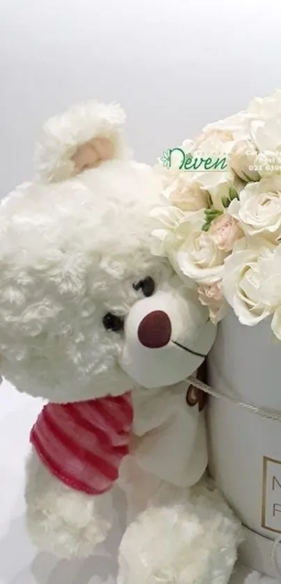 Cute fluffy teddy bear with roses and floral vase wallpaper.