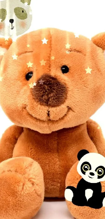 Cute teddy bear and panda themed mobile wallpaper in warm brown tones.