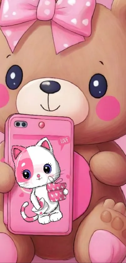 Cute teddy bear with a pink phone featuring a kitten.