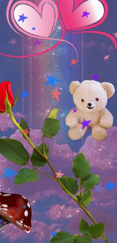 Fantasy wallpaper with teddy bear, red rose, and colorful stars.