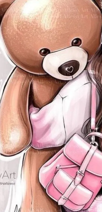 Adorable teddy bear with pink backpack illustrated on wallpaper.