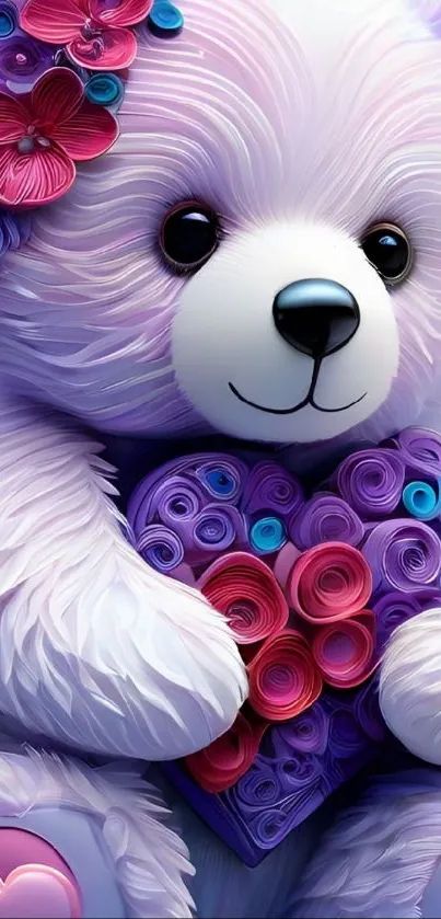 Cute teddy bear holding a floral heart