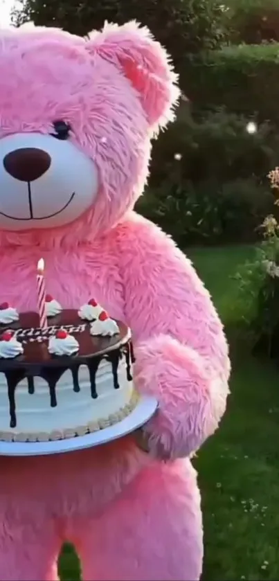Pink teddy bear holds chocolate cake in garden.
