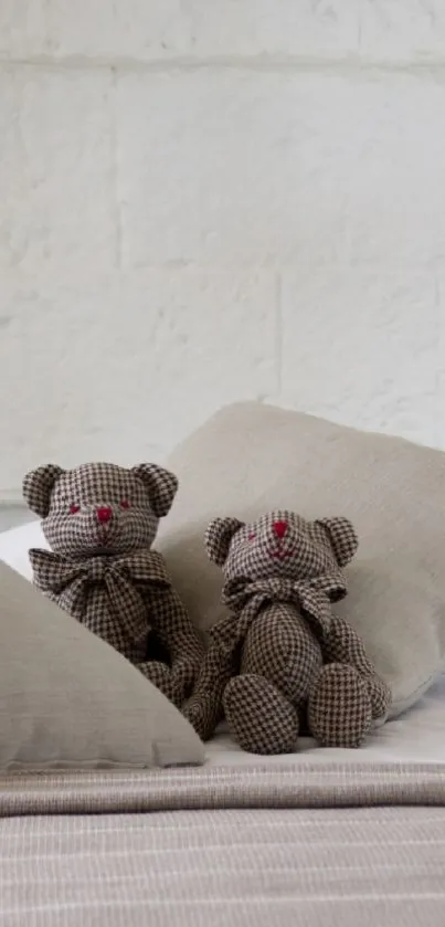 Teddy bears sitting on a cozy beige bed.