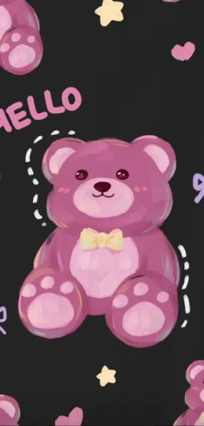 Cute pink teddy bear on dark wallpaper with hearts and bows.