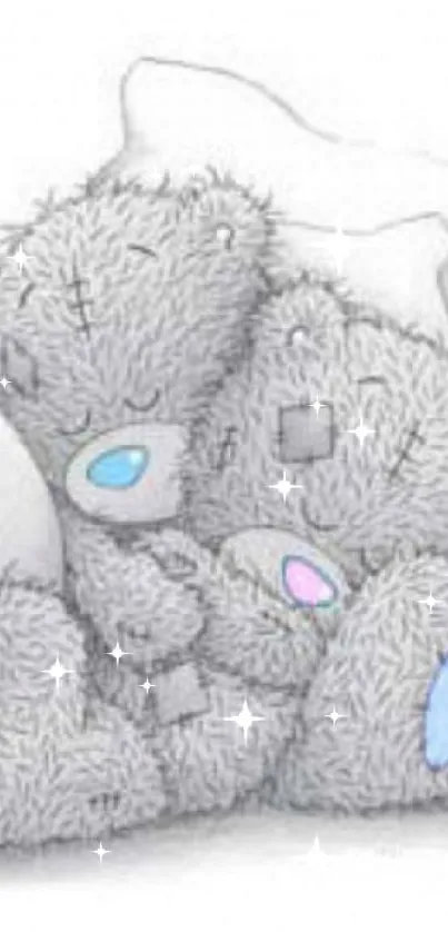 Two cuddly teddy bears drawn in soft pastel colors on a gray background.